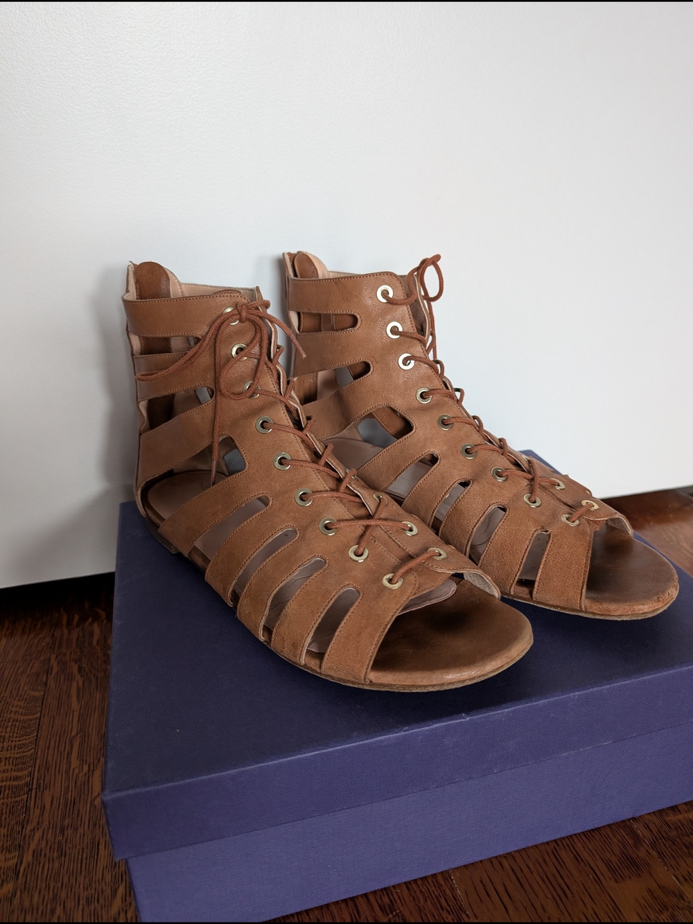 Stuart Weitzman Brown Leather Gladiator Lace-Up Sandals Back Zip W Size 9